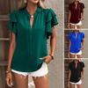 Women Casual Shirt V-neck Ruffle Short Sleeve Pullover Tops Solid Color Loose Fit Blouse