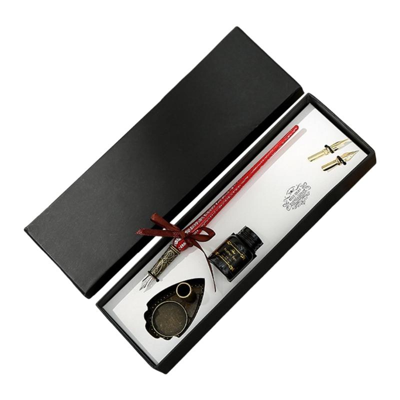 Calligraphy Glass Dip Pen and Inks Set with Replaceable Pen Tip and Metal Pen Holder for Writing Invitation Scrapbooking