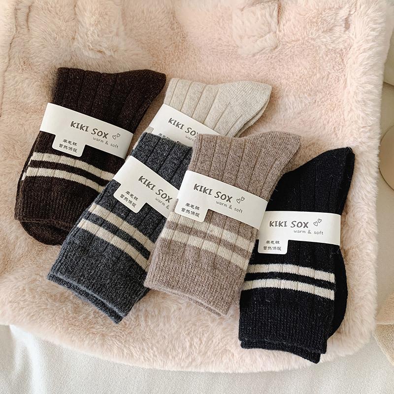 Autumn And Winter Wool Socks Women'S Medium Tube Thickened Women'S Socks Striped Two Bars Drawn To Wear Stacked Socks