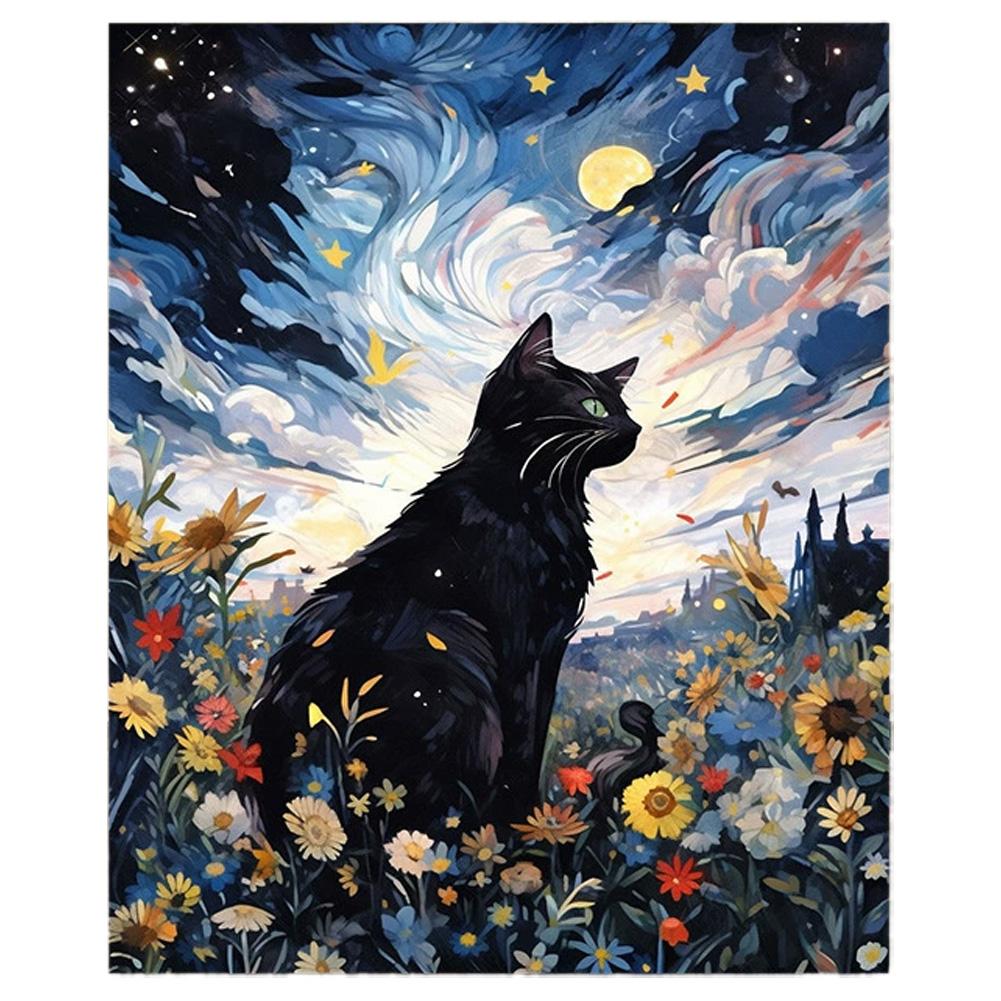Кошка Звездное Небо DIY Цифровая Масляная Живопись Ручная Раскраска Декоративная Картина Набор Цветочная Кошка Ручная Рисовка Пейзаж Масляная Живопись
