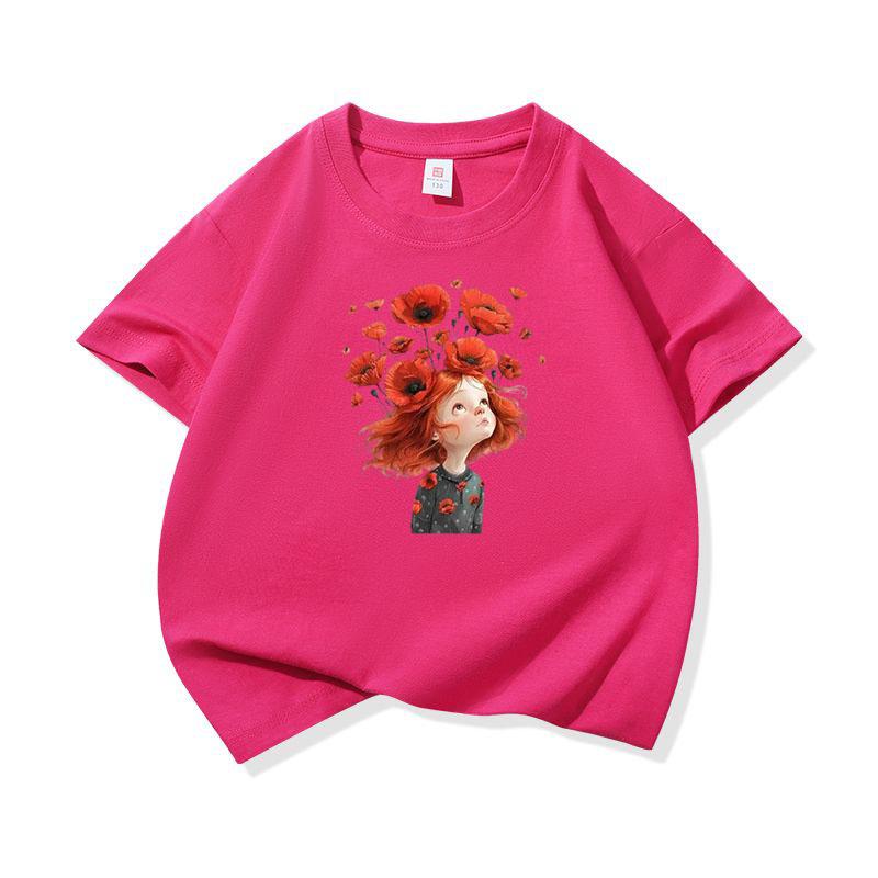 Kids Cotton T Shirt Red Flower Girl Print Crew Neck Short Sleeve Tee Casual Breathable Boys Girls Summer Tops