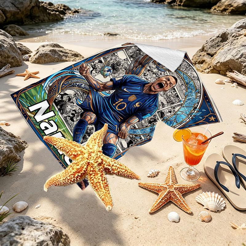 Custom Name Personalized Kylian Mbappe Print Beach Towel, for Trip Camping Beach Party Home Decor, Birthday Gift for Family & Friends