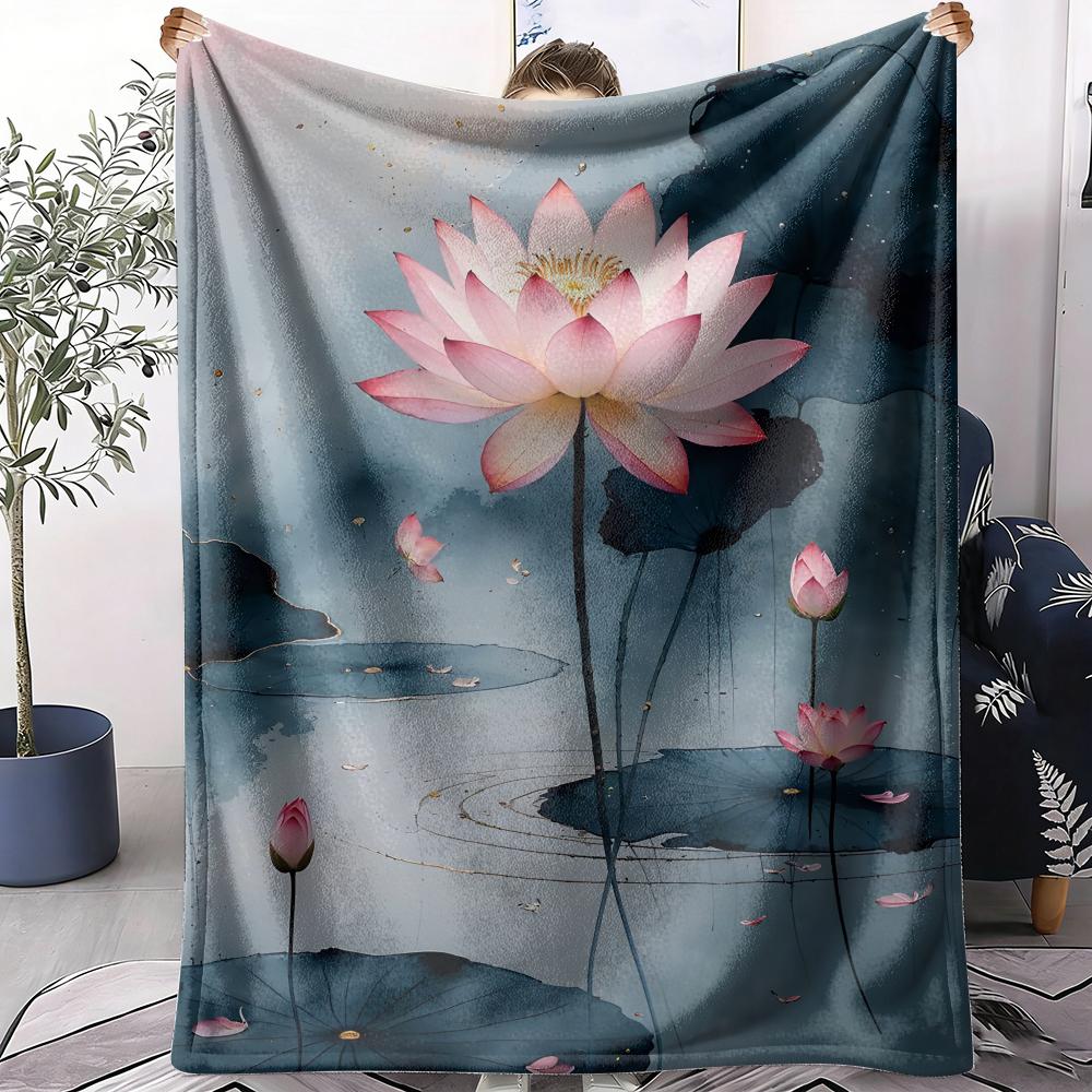 White Lotus Flower Throw Soft Flannel AC Blanket Lightweight Summer Nap Throw Cozy Blanket for Sofa Bed Travel Home