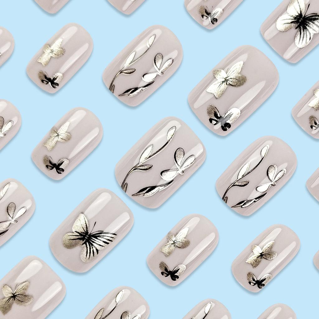 24PCS White Square Fake Nails with Flower Print Resin Material Zero Pressure on Nail Bed for Hot Girl Dress Matching