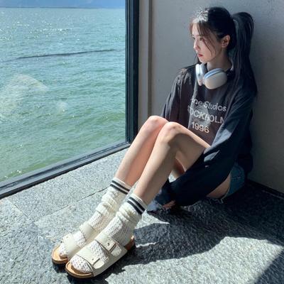 [Белый Олень] _ версия из коровьей кожи женских летних шлепанцев на толстой подошве для ленивых людей Boken крутые шлепанцы