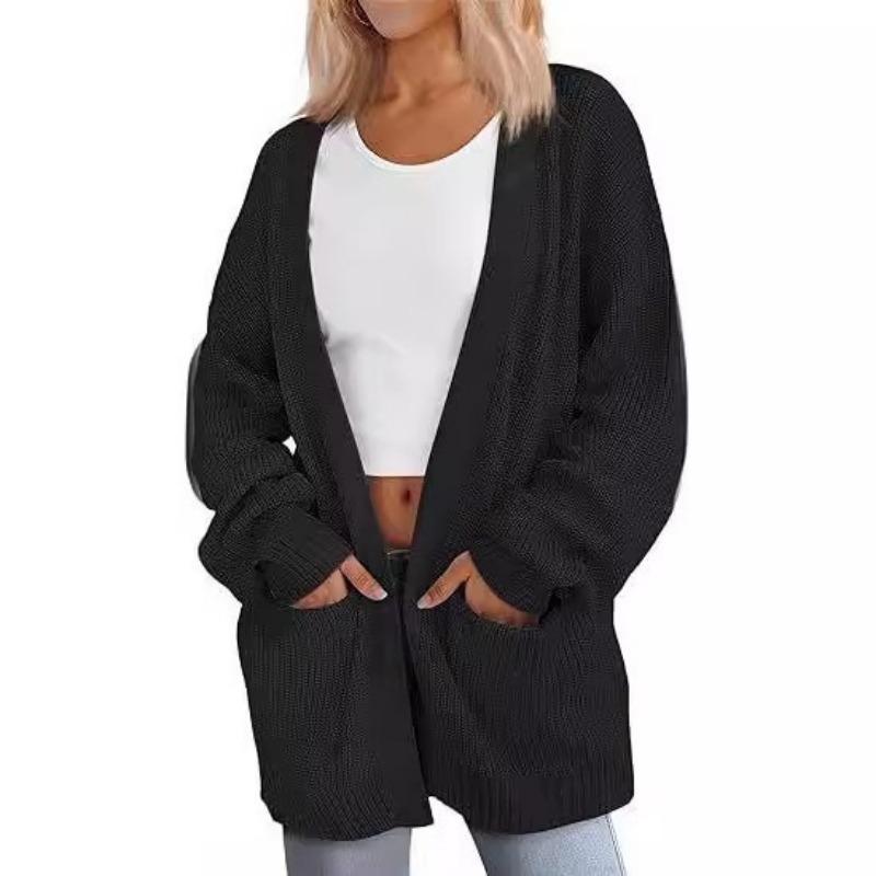 Autumn Winter Loose Casual Cardigan Pocket Sweater Ladies Solid Color Knitting All-match Outwear Female Top