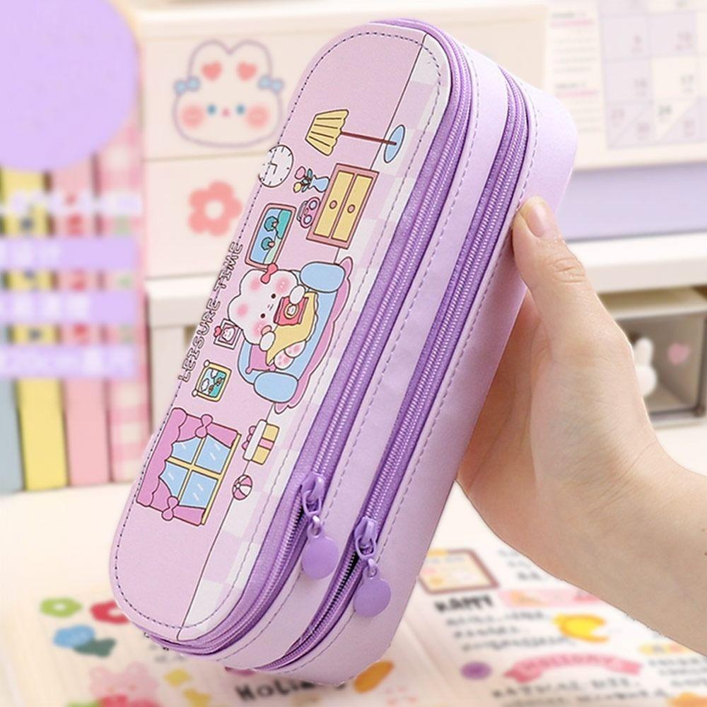 Двухслойный пенал на молнии с мультяшным дизайном, водонепроницаемая сумка для ручек, портативный, большой вместимости, чехол для канцелярских принадлежностей, школьные принадлежности