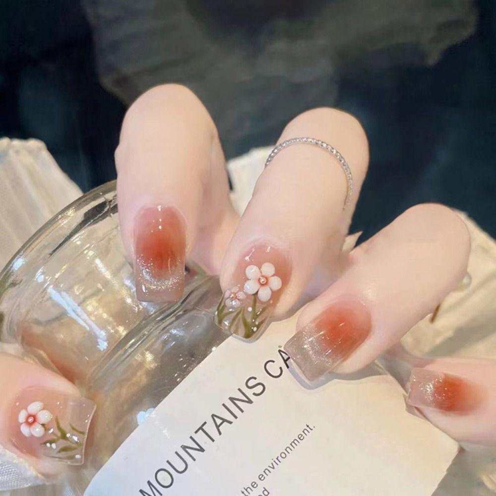 24pcs Detachable Rose Flower DIY French Red Edge Long French Ballerina Fake Nails