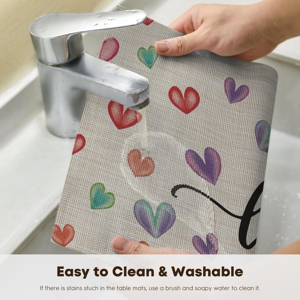 Colorful Hearts Vinyl Valentines Placemats Set of 4, 12x18 Inch Mother's Day Washable Heat Resistant Plastic Place Mats for Party Dining Table Decor