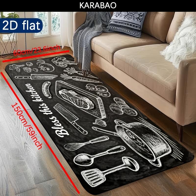 Rustic Black Chalk Sketch Kitchen Tool Food Quote Runner Rug, Non-Slip Kitchen Rug for Kitchen, Living Room, Bathroom & Holiday