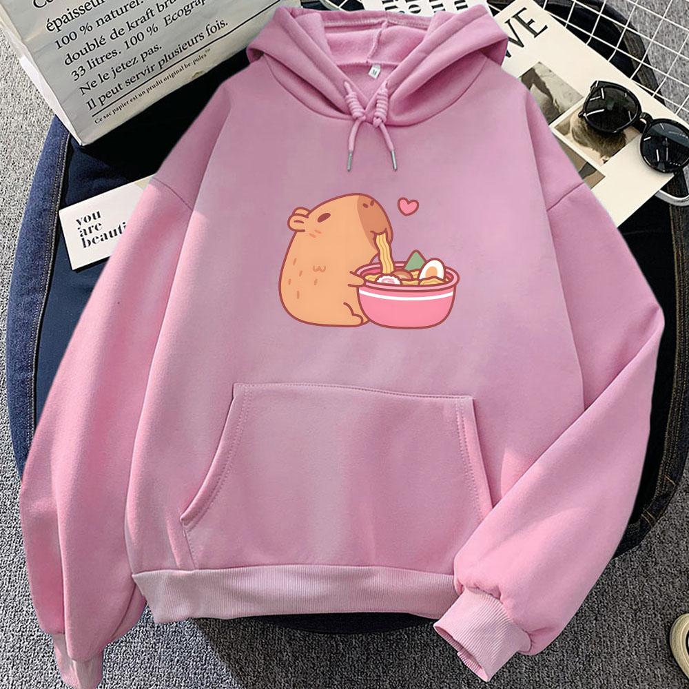 Cute Capybara Eating Ramen Hoodies Kawaii Cartoon Graphic Printing Sweatshirts Winter Hooded Pullovers Sudaderas Para Mujer Girl