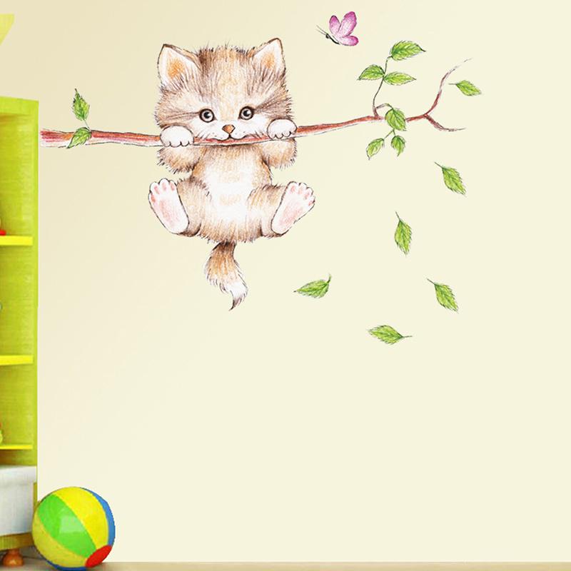 Lovely Kitten On Tree Branch Wall Stickers Home Diy Cartoon Cat Animals Mural Kids Room PVC Decals
