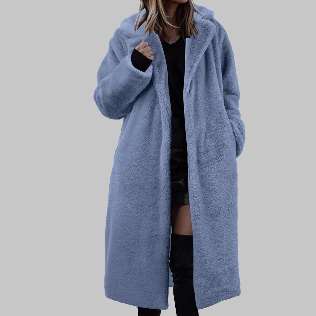 Women's Long Solid Color Fashionable Winter Loose Flip Collar Plush Jacket