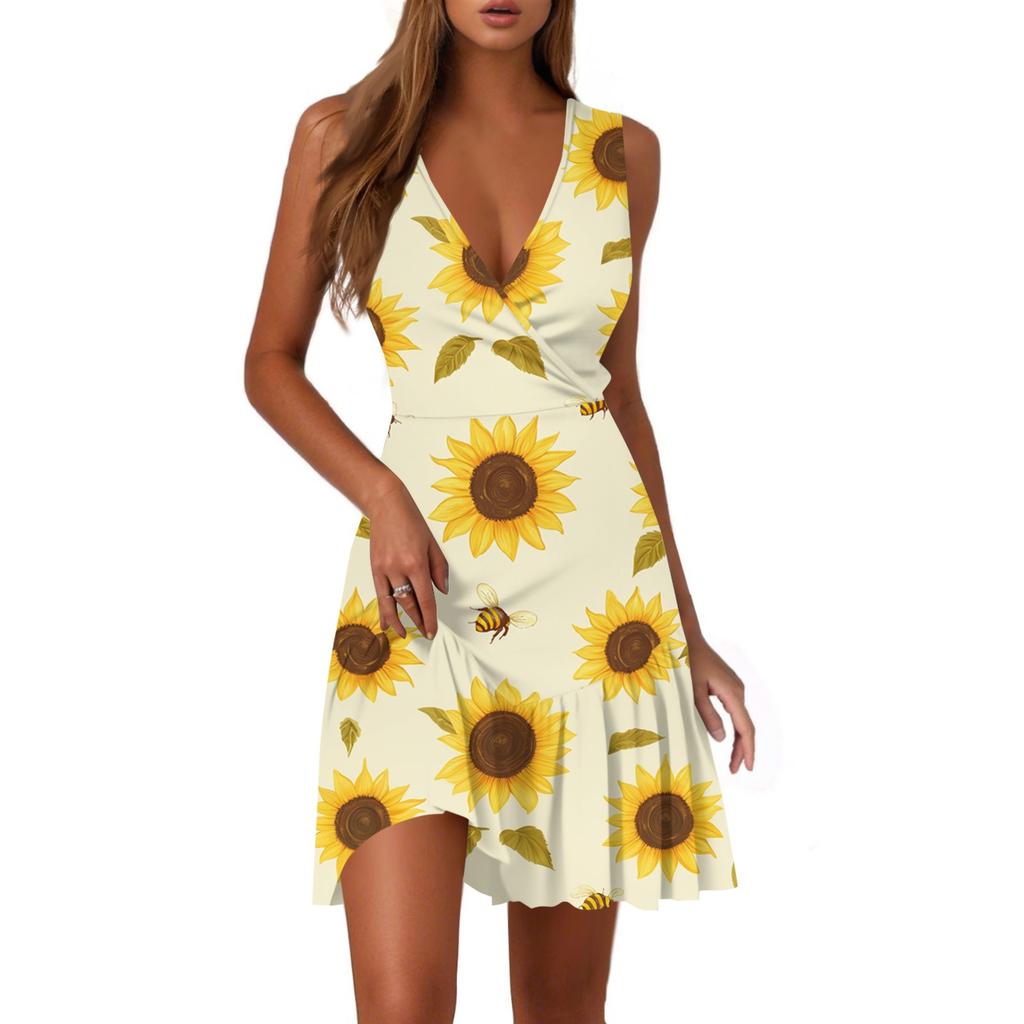 Ladies Casual Fashion V-Neck Sleeveless Print Dress