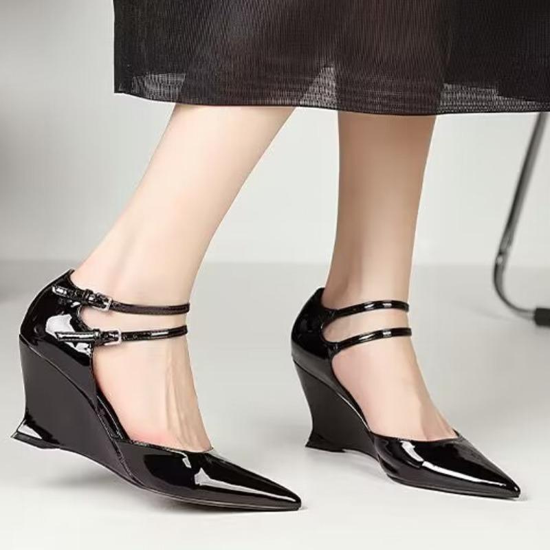 Женские модные босоножки на танкетке с пряжкой на высоком каблуке, сексуальные босоножки с острым носком из искусственной кожи, однотонные туфли для вечеринок 35-40