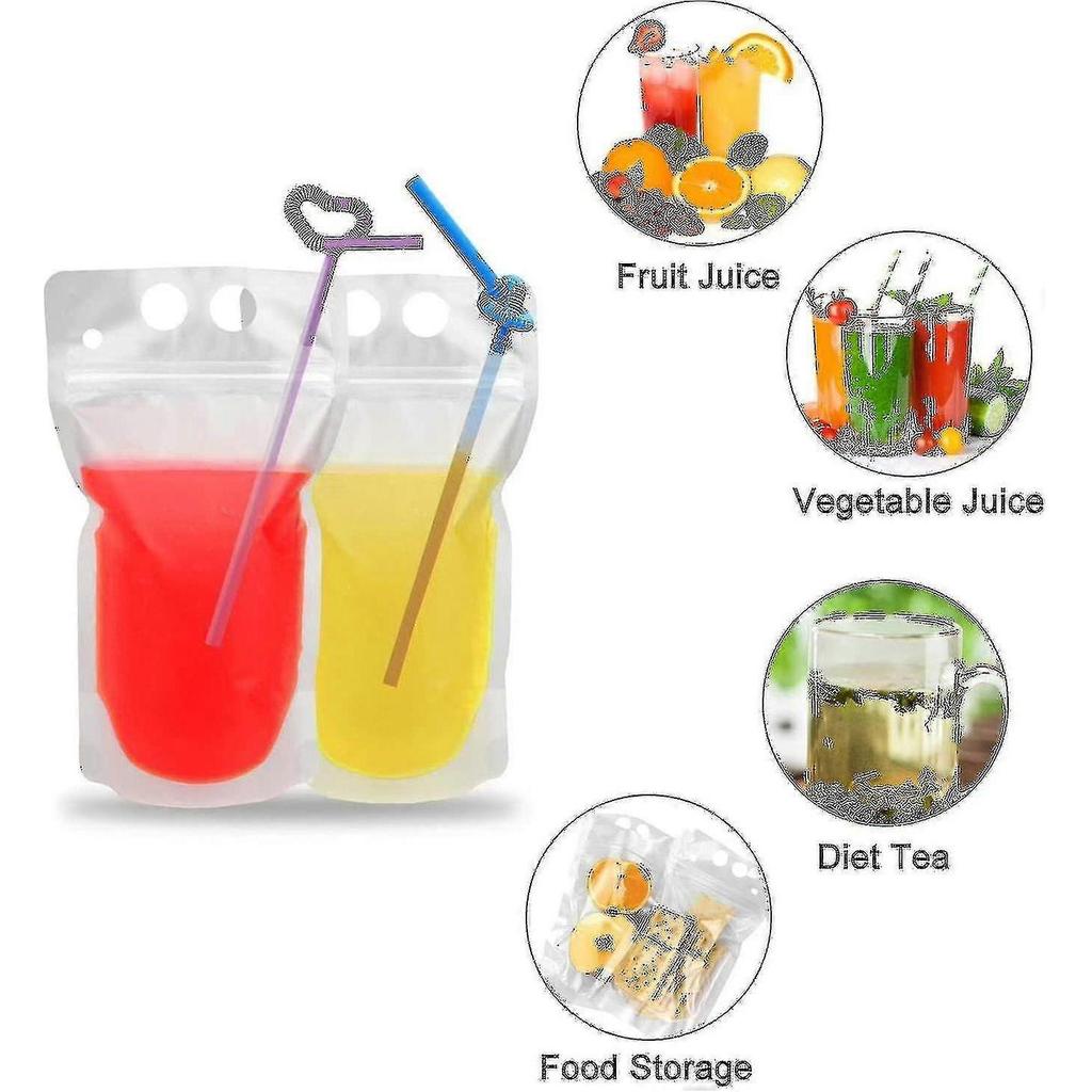 100 Pcs Drink Pouches With 100 Straw Holes Translucent Reclosable Zipper Plastic Pouches - RiRi