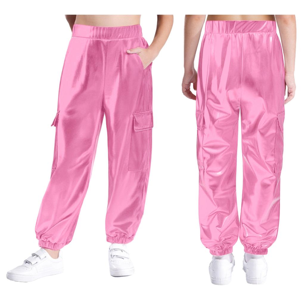 Детские блестящие танцевальные брюки унисекс с металлическим блеском и эластичной талией, с функциональными карманами, сценический наряд