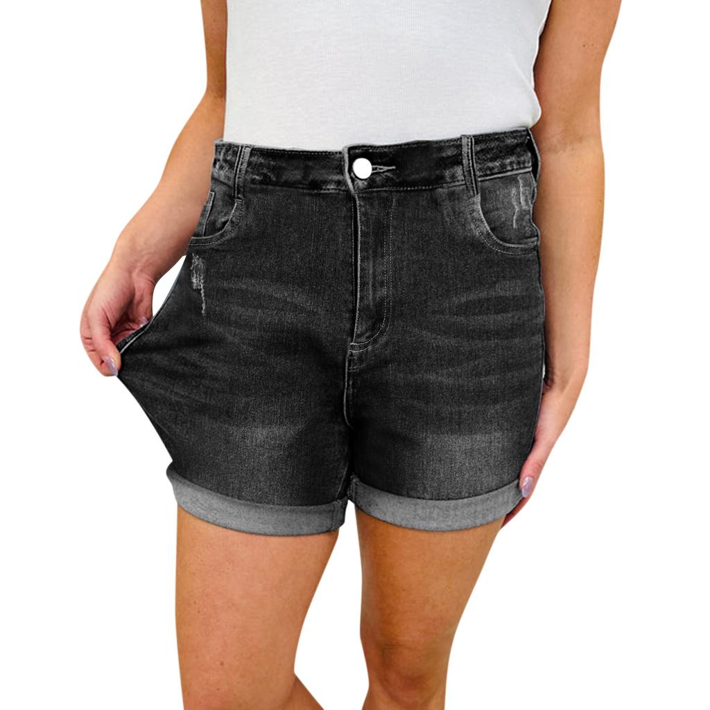 High Waist Elastic Waist Mid Length Shorts-Casual High Waisted Denim Shorts,Stretch Jean Shorts With Adorable Double Pockets