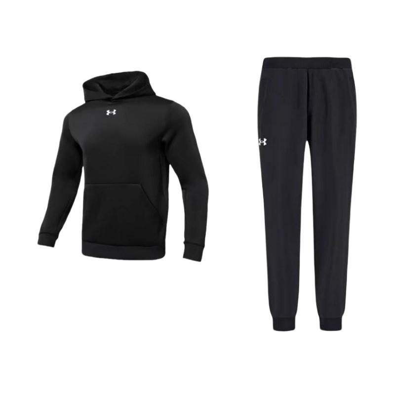 Under Armour Solid Color Logo Long Sleeve Hoodie And Knit Cuffed Pants Casual Sports Set Men Sets Black 21600705-001+-23600307-001