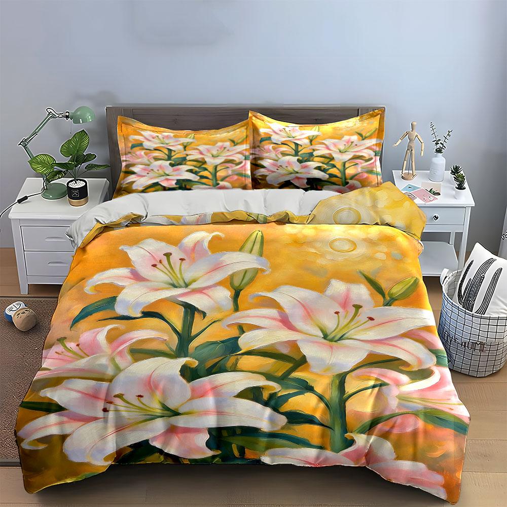 White lilies with leaves. Bedding sets Duvet cover sets Duvet covers Pillowcases(1 * Duvet Cover 2 * Pillowcases without duvet insert)