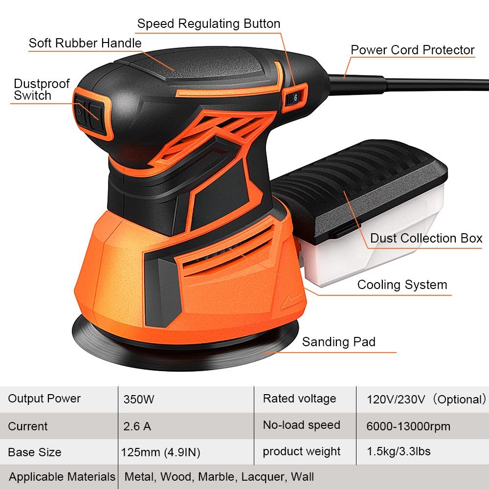 350 Вт Круглая эксцентриковая шлифмашина Электрическая шлифмашина для дерева Полировальная машина с 20 шт. 125 мм наждачной бумаги Пылесборник