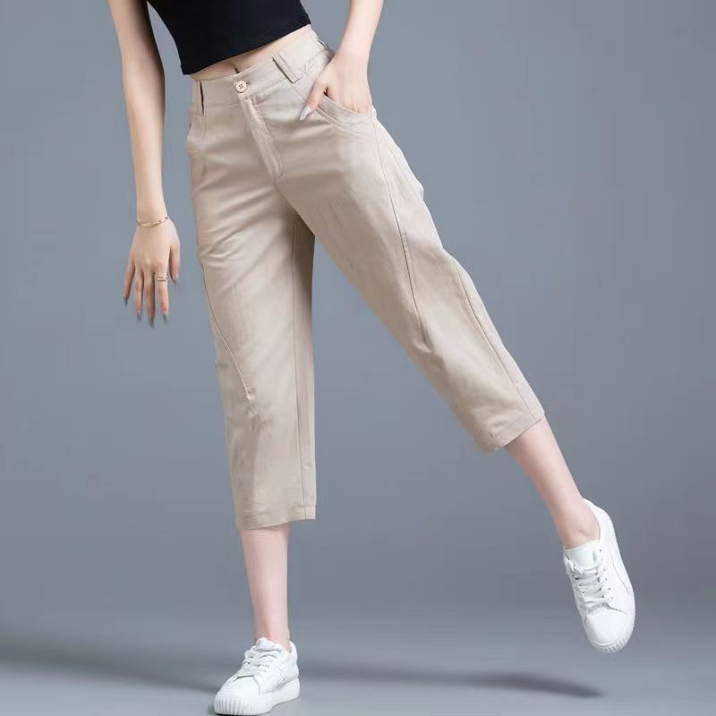 Женская одежда Новое лето Простые повседневные хлопково-льняные брюки гаремы капри Женские однотонные с высокой талией Свободные укороченные брюки Pantalones