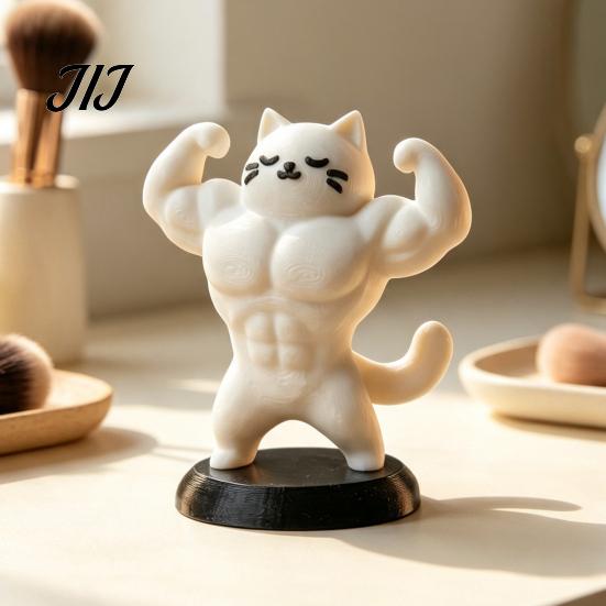Unique Birthday Present 3D Printed Muscle Cat Figurine, Funny Strong Animal Desk Ornament for Creative Home Decor Office, Sculpture with Base,