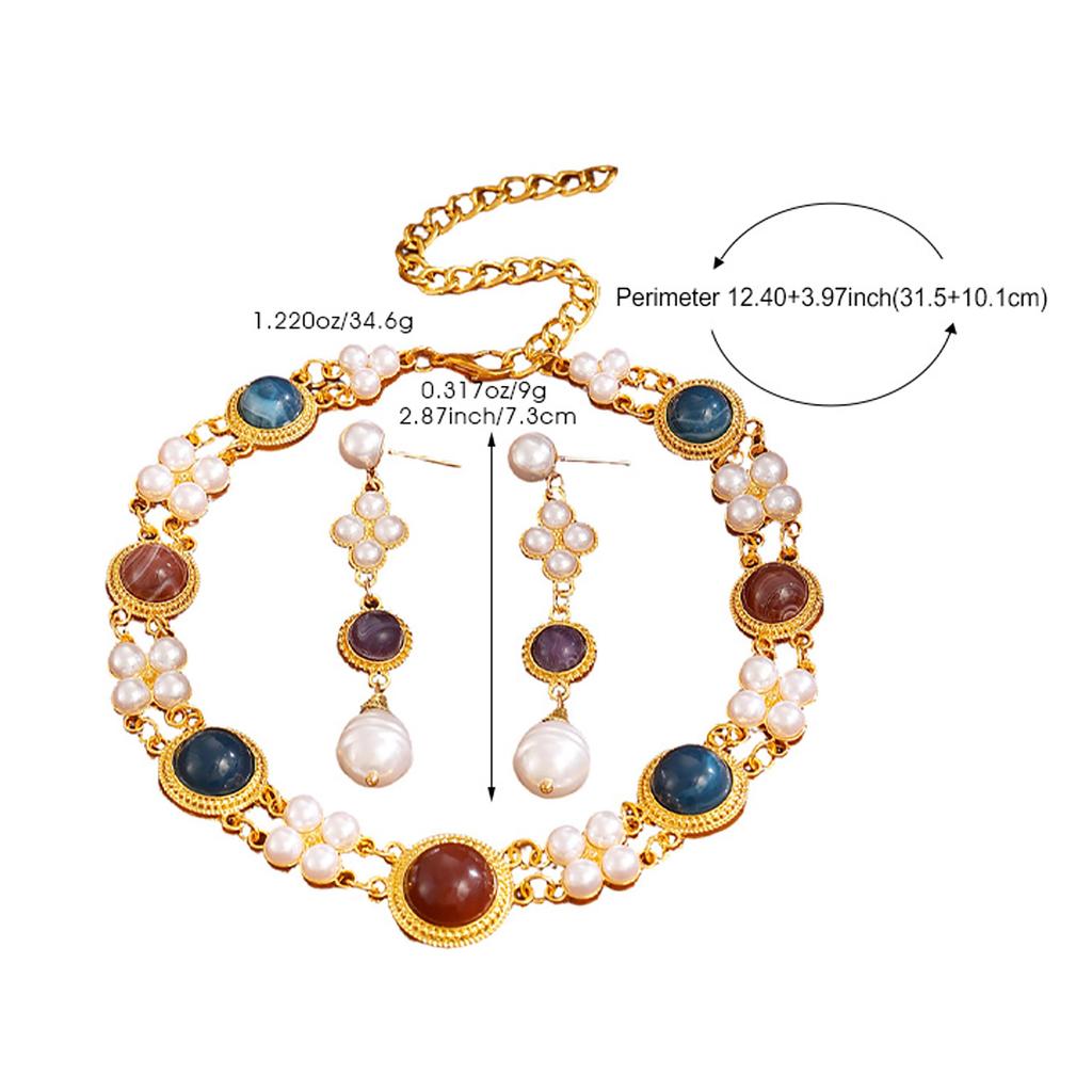 Medieval Vintage Court Style Fashion Geometric Imitation Pearl Double Layered Necklace Pendant Earrings Set Clavicle Chain