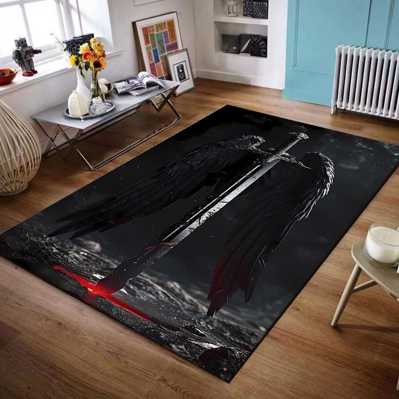 Sword with Black Angel Wings Design Non-slip rug suitable for living room and bedroom sofas