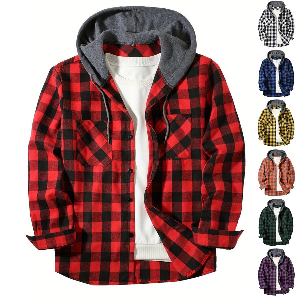 Men's Casual Long-Sleeve Loose-Fit Hooded Plaid Pocketed Shirt