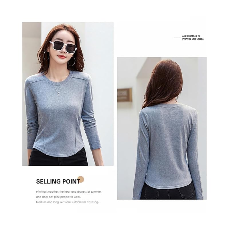 [OKJCON] ladies t-shirt long sleeve spring Plain color casual Fashionable large size (JP, alphabet, L, gray)