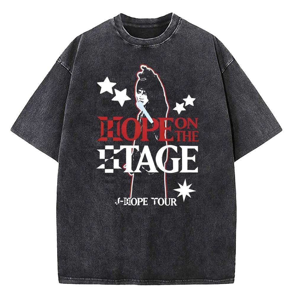 Винтажная стираная футболка JHope Hope on The Stage Tour Летние корейские смешные футболки 2024 Хлопок Харадзюку Футболка Мужская Свободные Топы
