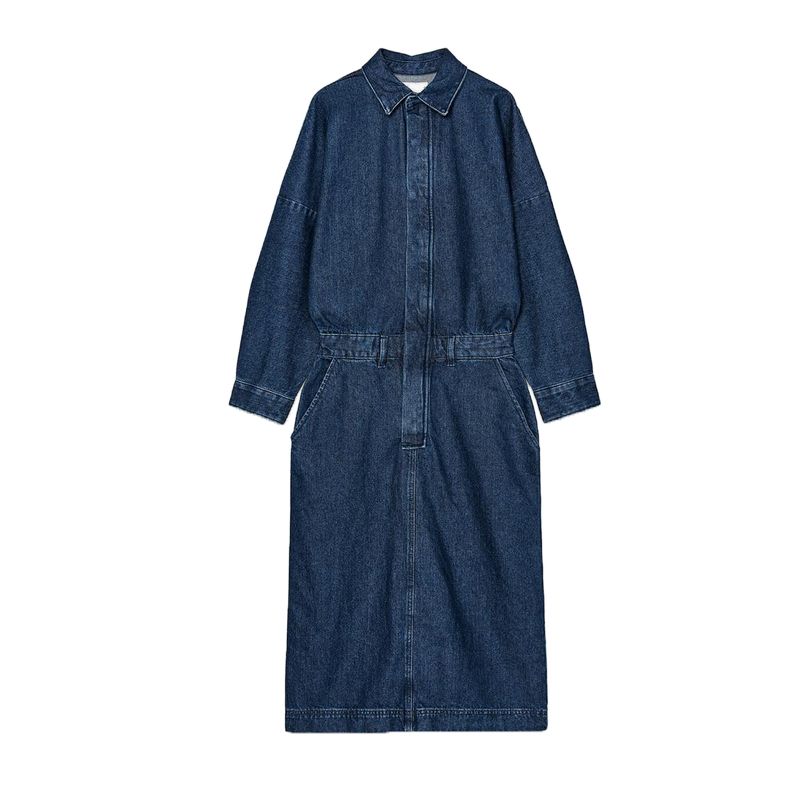 Spring New Women's Clothing French Style All-Matching Waistband Denim Long Sleeves Lapel Midi Skirt Dress 4441250