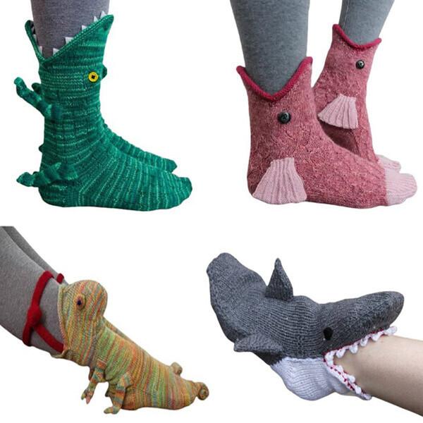 Novelty Animal Knit Crocodile Socks Fish Shark Chameleon Unisex Winter Warm Floor Sock for Men Women Christmas Gift