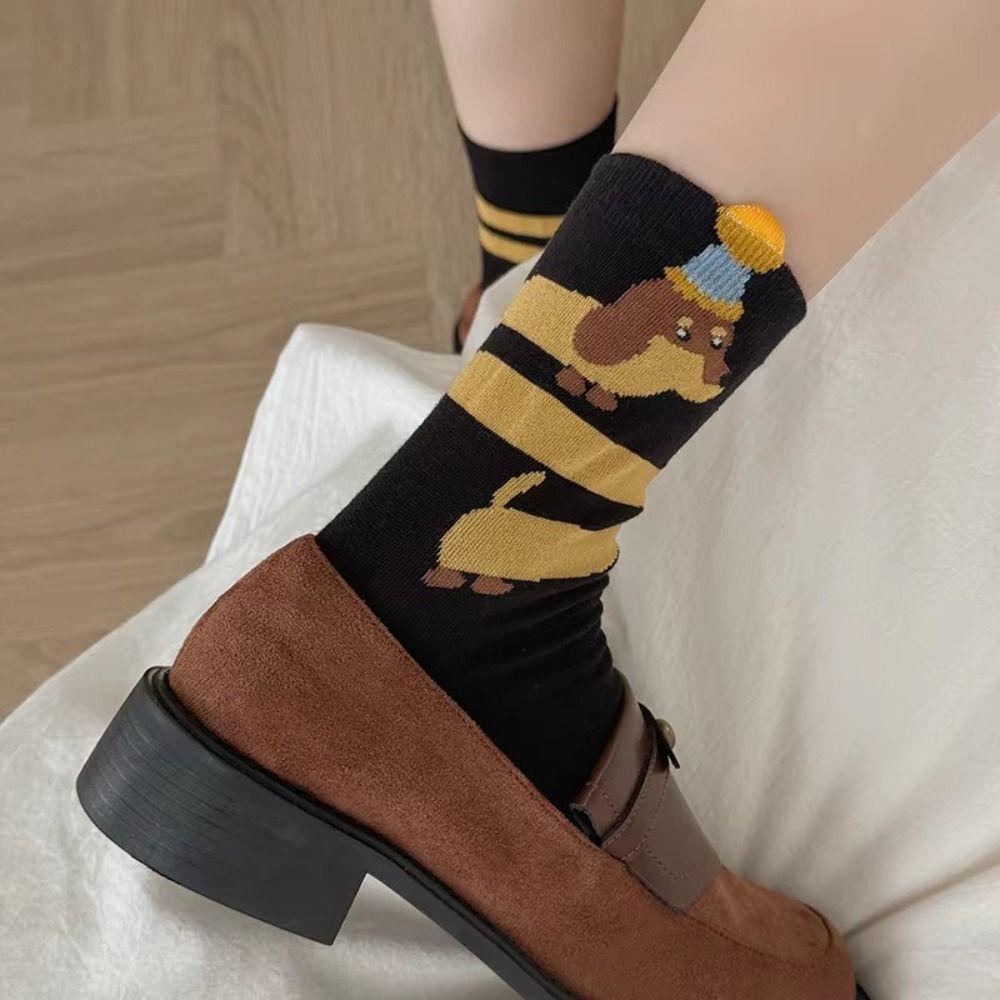 4 Pairs Embroidered Puppy Mid Calf Socks Warm Stacked Long Socks Kawaii Dog Crew Socks  Casual Wear