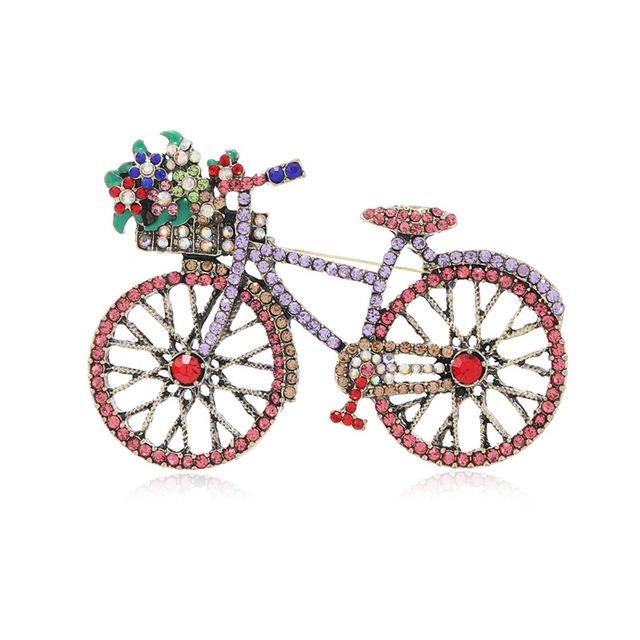 Vintage Romantic Flower Basket Bicycle Brooches For Women Fashion Full Rhinestone Colorful Metal Beauty Brooch Pins Wedding Gift