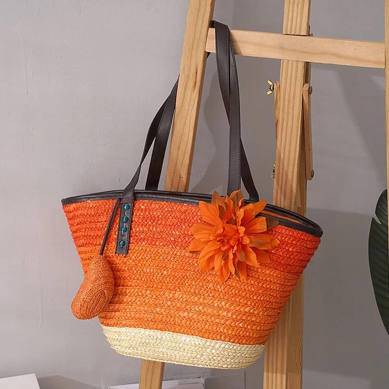 Knitted Straw Bag Summer Flower Bohemia Fashion Women's Handbags Color Stripes Shoulder Bags Beach ARI