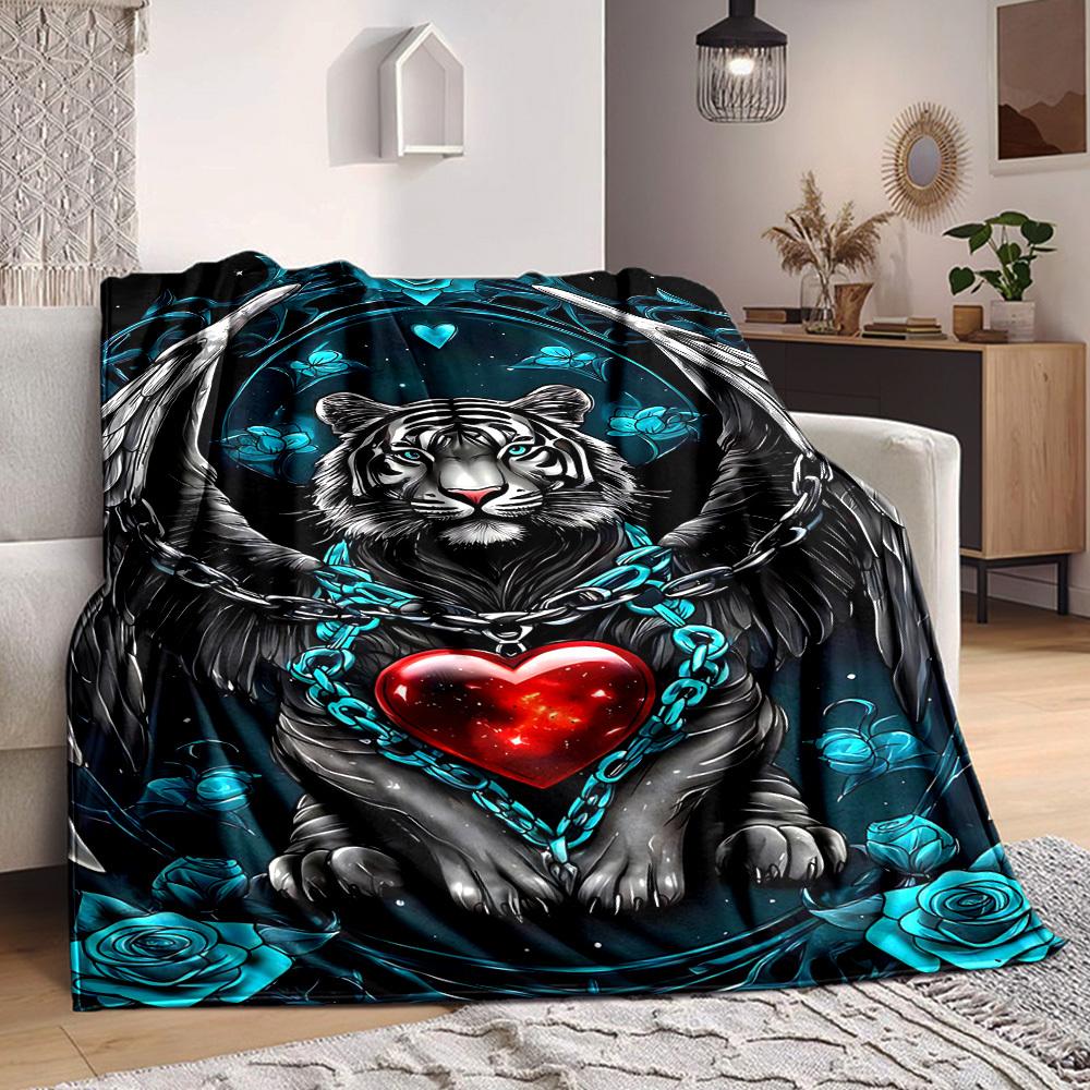 1PC Tiger Angel Heart Chain Design Print Blanket, Soft Throw Blanket - Warm & Cozy for Couch, Bed, Office, and Travel yy250912190