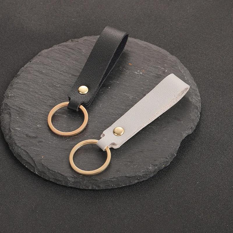 Blank PU Leather Keychain - Simple Car Key Holder for Men Women with Metal Ring Business Wedding Party Gift Pink