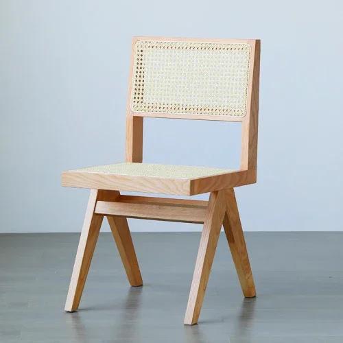 Стул обеденный Nordic Retro Birch – Дизайнерский студийный стиль с ротанговой и спинкой из массива дерева, без подлокотников, натуральный кофейный стул