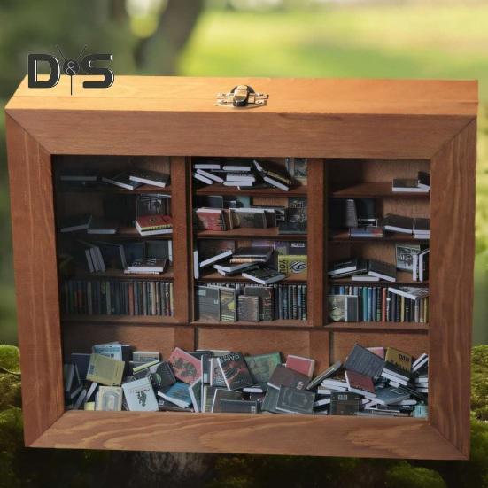 Anxiety Bookshelf with 200 Mini Book Shake Away Anxiety Miniature Bookshelf Wooden Pocket Bookcase Decoration Ornament Book Lover Gift