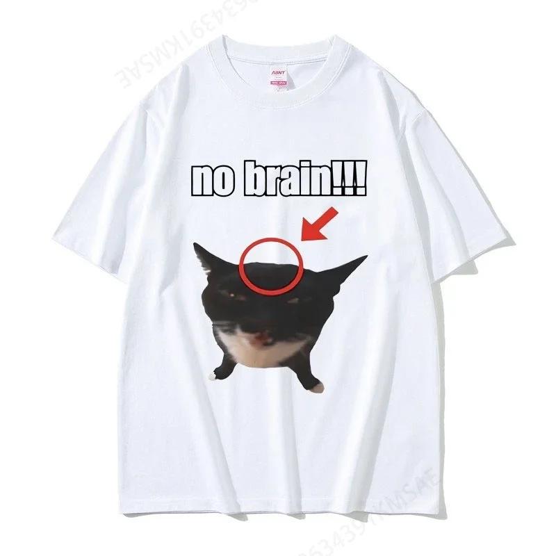 Funny Cat No Brain Graphic Print T Shirts Women Joke Humor Cute Kawaii Meme T-shirts Women Casual Tees Short Sleeve