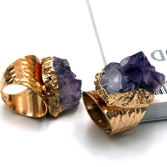 Retro Adjustable Open Band Natural Amethyst Finger Ring Jewelry Accessory Gift