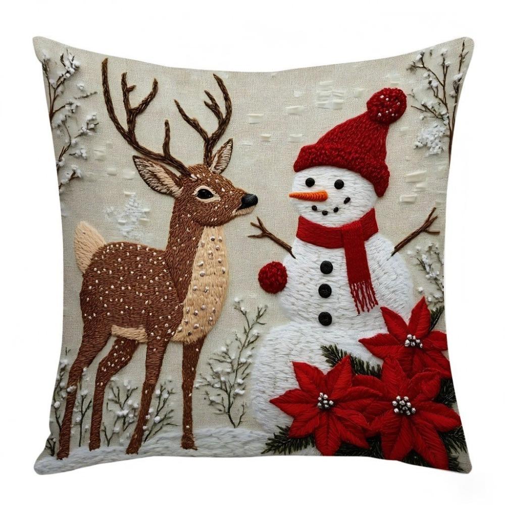 Linen Throw Cushion Cover Elk Santa Claus Snowman Xmas Tree Pillow Case  Living Room