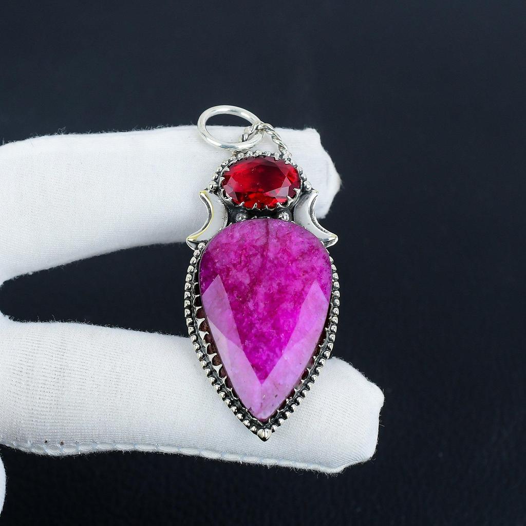 Изящный серебряный кулон с кашмирским рубином и гранатом из стерлингового серебра 925 пробы - Дизайн ручной работы, украшение на каждый день, пасхальный подарок