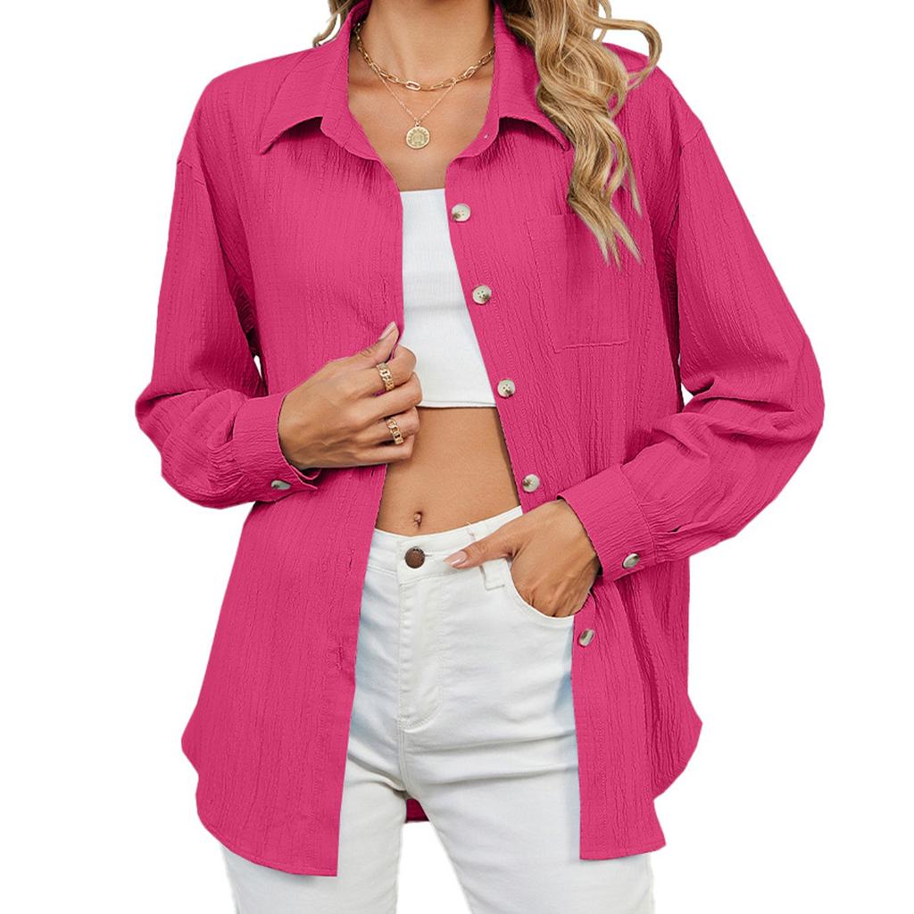 Женские рубашки на пуговицах с длинным рукавом, повседневные однотонные свободные топы с воротником