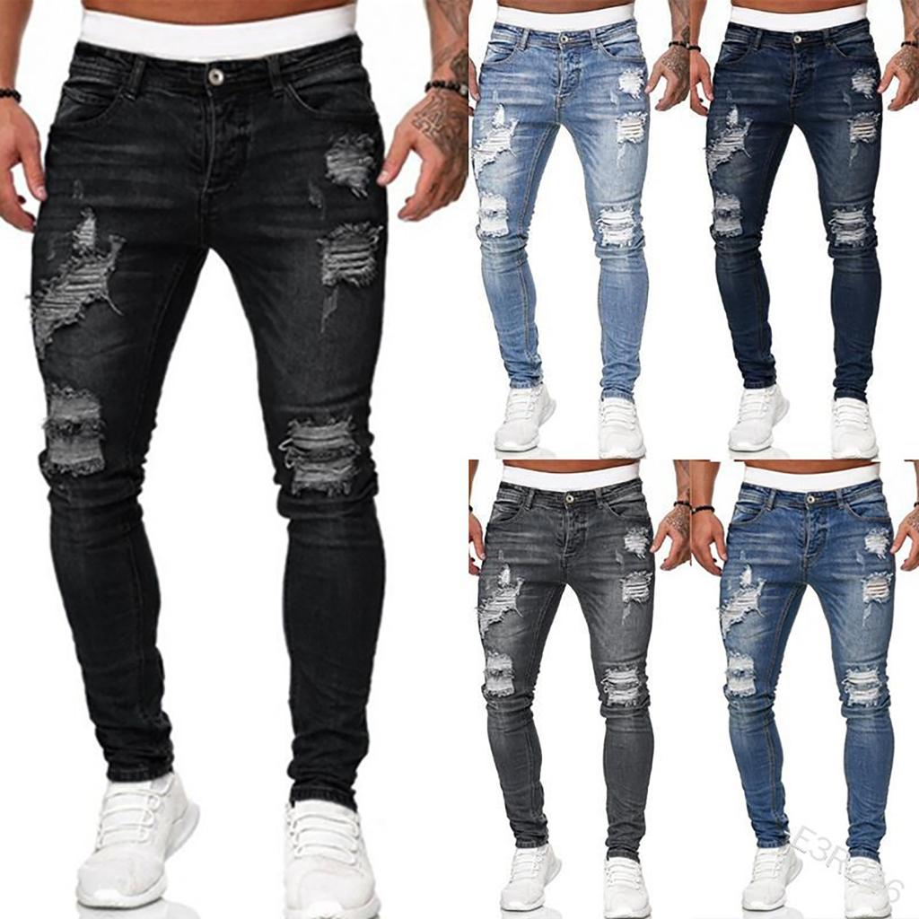 Men's Casual Hole-rubbed  Slim Fit Denim Pants Fashion Chinos Jeans