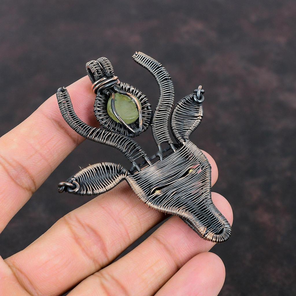 Подвеска из пренита, медная проволочная подвеска, ручная работа, подвеска в виде коровьей морды, ювелирные изделия из драгоценных камней, этническая подвеска, медные ювелирные изделия, подарок для нее