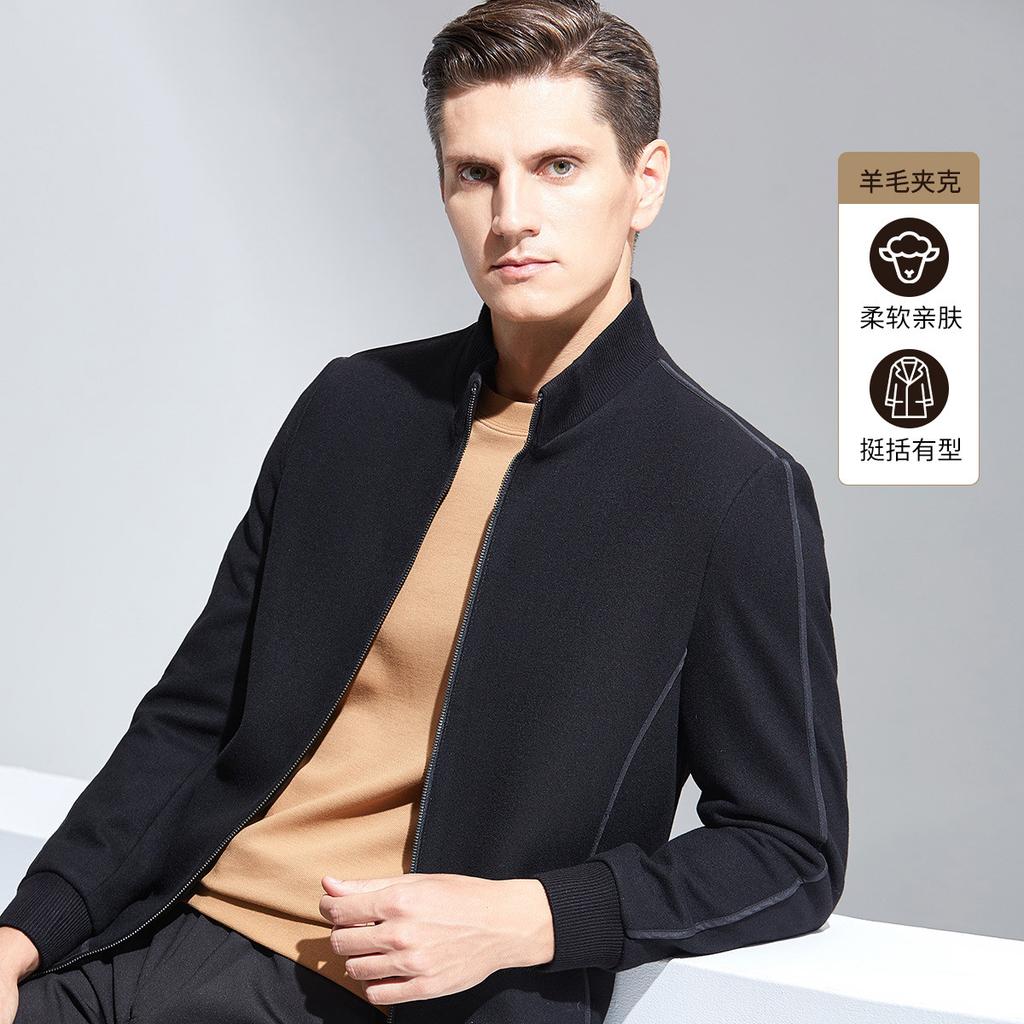 [Sheep Wool Blended] Spring and Autumn Business Stand collar Wool Jacket for Men's Youth Warm Casual Top Coat