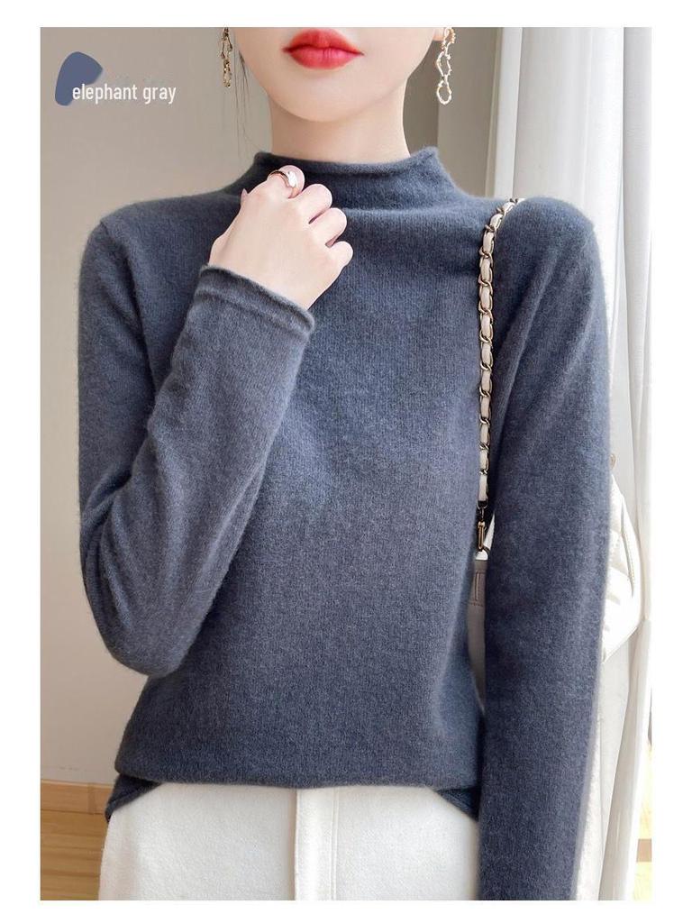 Женский свитер с полуворотом из мериносовой шерсти - 100% чистая шерсть, закрученный край, осенне-зимний трикотажный пуловер